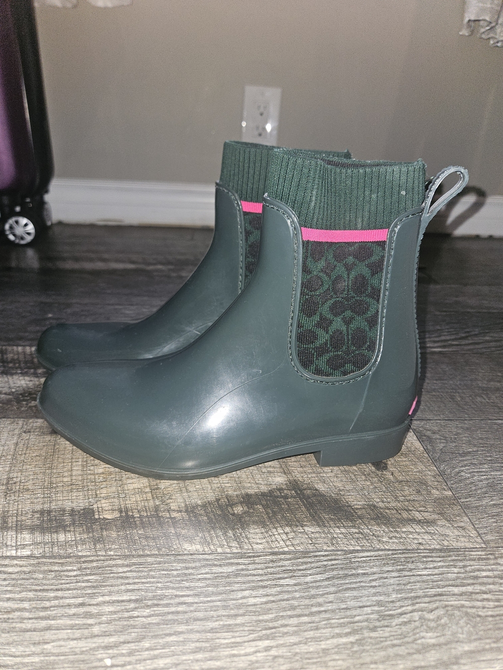 Dark Green Ankle Rain Boots with Pink Accent - Picture 1 of 5